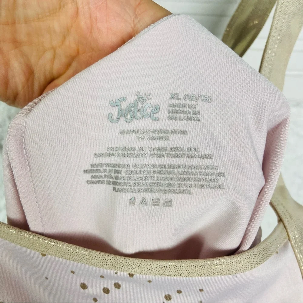 Justice light pink and golden splatter print stretch gymnastics, Roper onesie XL